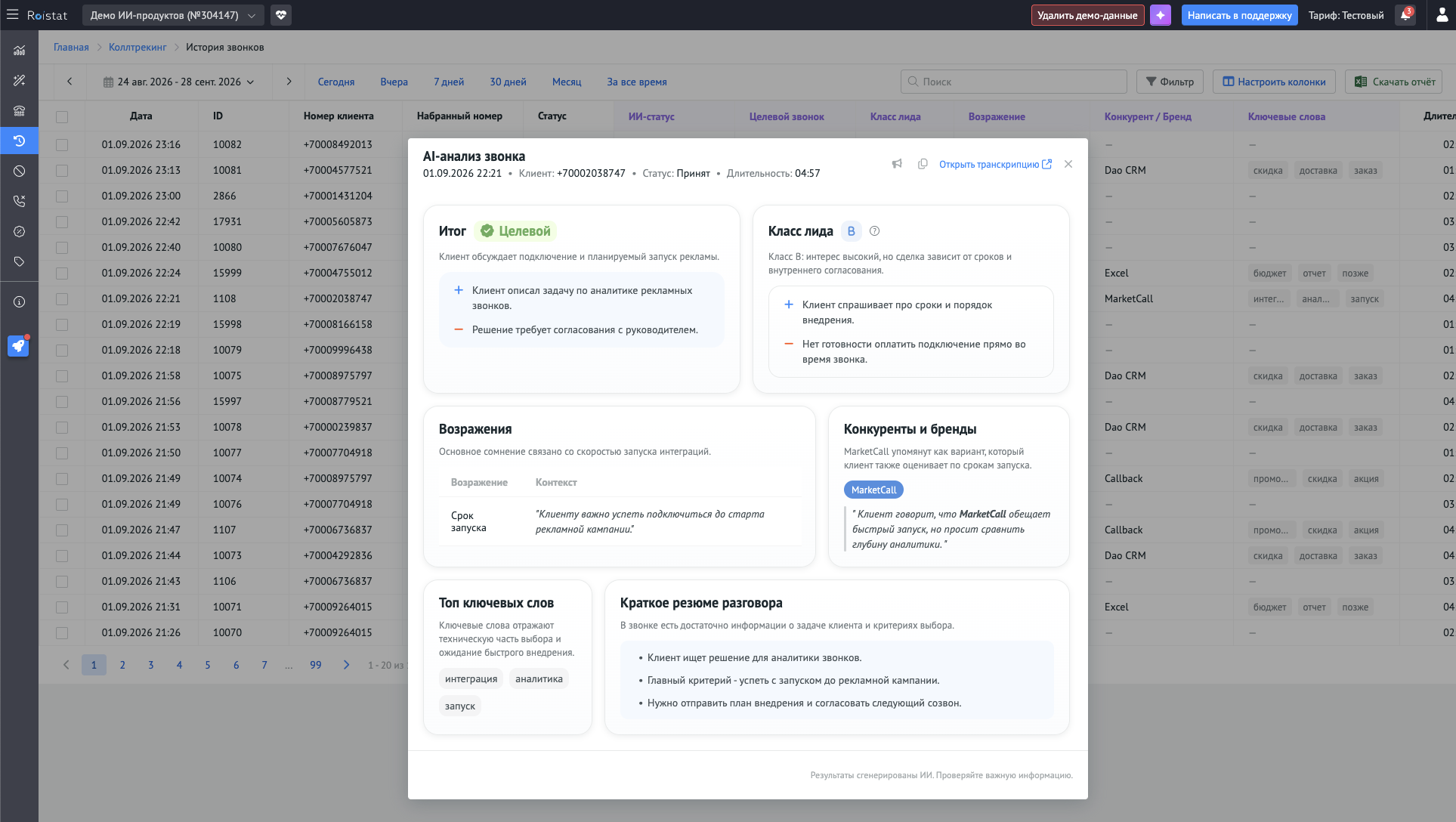 Окно детального AI-анализа звонка