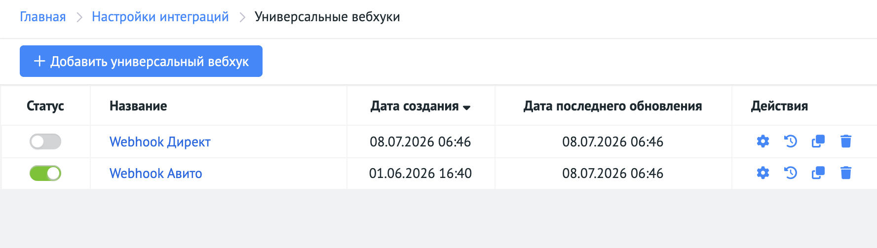 Управление вебхуками