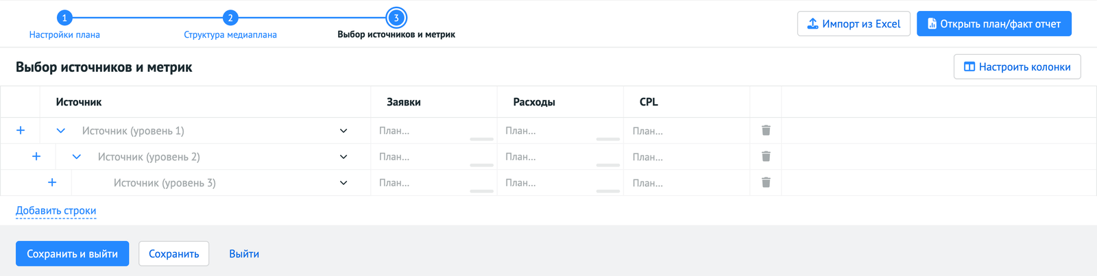 Таблица источников и метрик